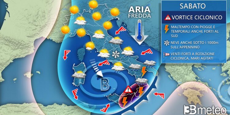 Meteo: Sabato maltempo su parte del sud, neve in appennino e forte vento quasi ovunque