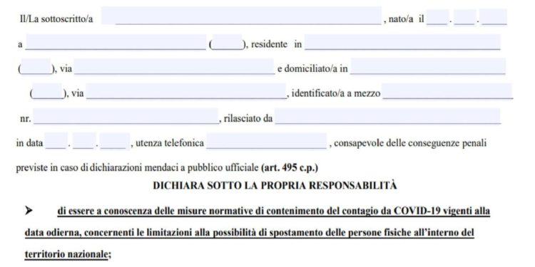 Autocertificazione marzo 2021, il pdf da compilare