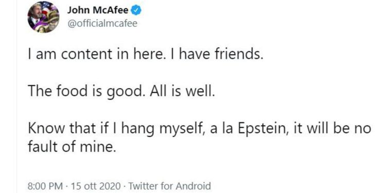 McAfee e il tweet di un anno fa: “Se mi suicido, non sono stato io”
