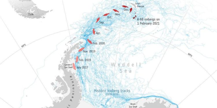 Antartide, Esa: “Iceberg gigante A-68A perde 152 mld tonnellate d’acqua dolce, rischi per habitat”