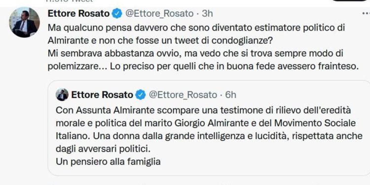 Morte Assunta Almirante, bufera social su tweet Rosato