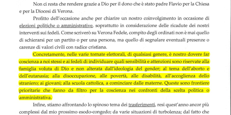 Verona, ecco la lettera del vescovo Zenti: “Chi vota pensi a famiglia e dica no a gender”