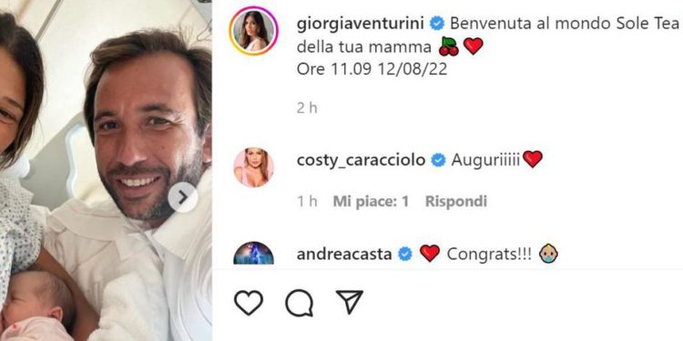 Fiocco rosa per Giorgia Venturini, è nata Sole Tea