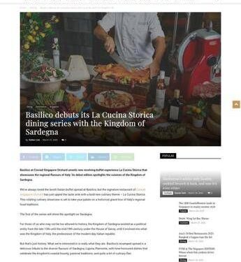 Singapore: Basilico presenta La Cucina Storica con i sapori della Sardegna