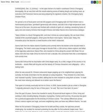 Cina: Chef italiano Francesco Sanna fonde sapori italiani e cinesi a Chongqing