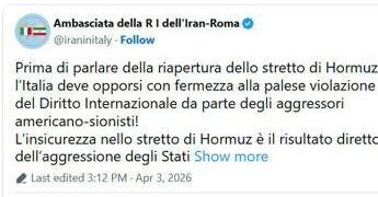 Iran, Teheran: “Riapertura Hormuz? Italia chieda stop aggressione Usa-Israele”